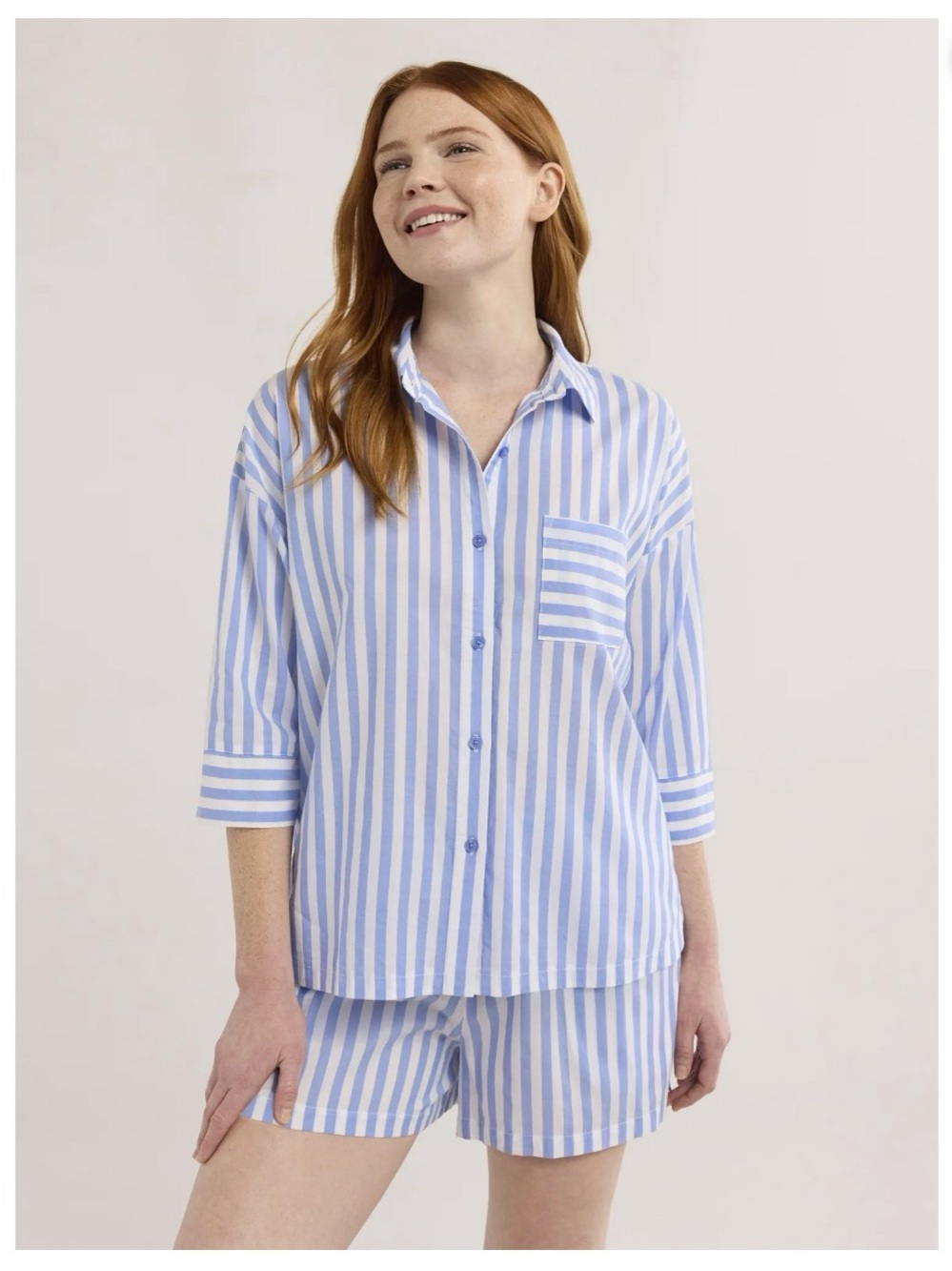 Light Blue & White Striped Women's Pajama Set - Button Front Shirt & Shorts